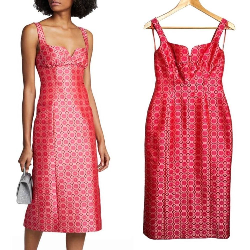 Saloni Dress Halle Sweetheart Jacquard Satin Midi Dress Pink Size 4